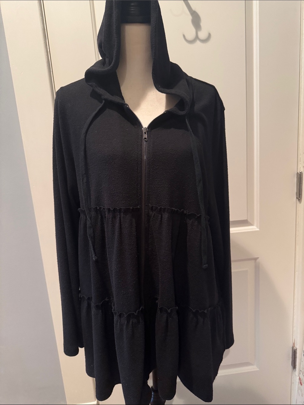 Black Hooded Zip-Front Tiered Knit Cardigan